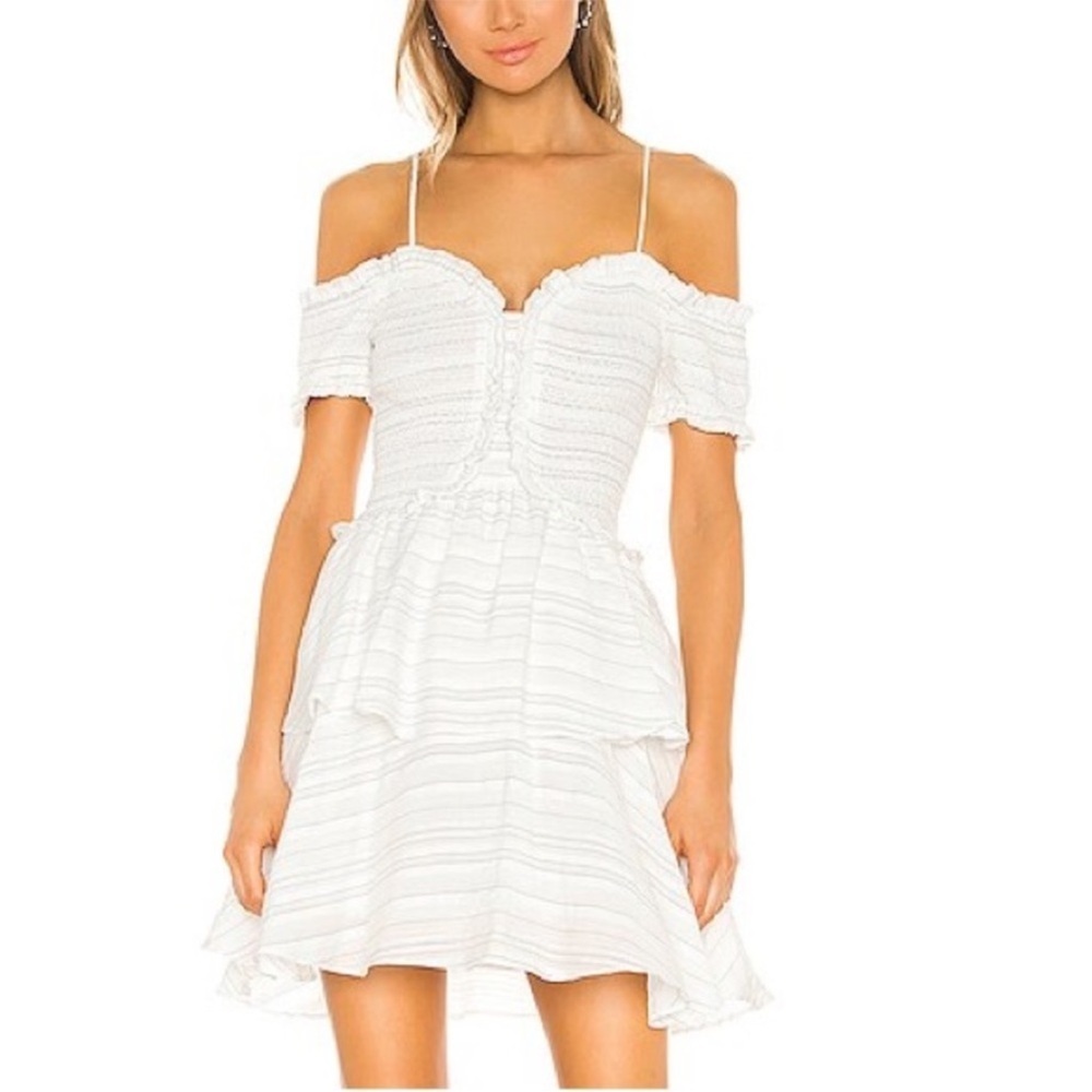 Elliatt Revolve Lavinia Striped Smocked Off The Shoulder Mini Dress Size Small